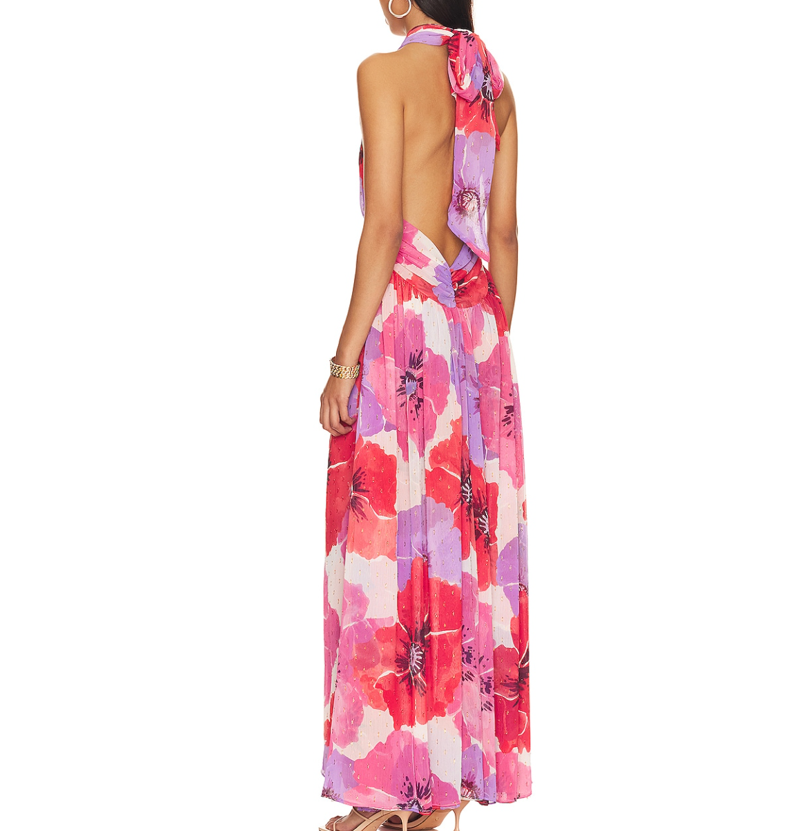 MISA Los Angeles Alexandra Floral & Metallic Halterneck Dress UK XS