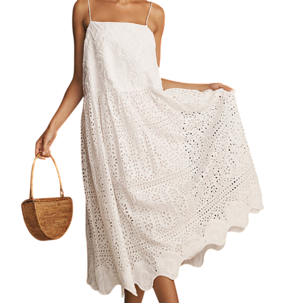 Rhode White Rosa Embroidered scallop hem Eyelet midi Dress UK L