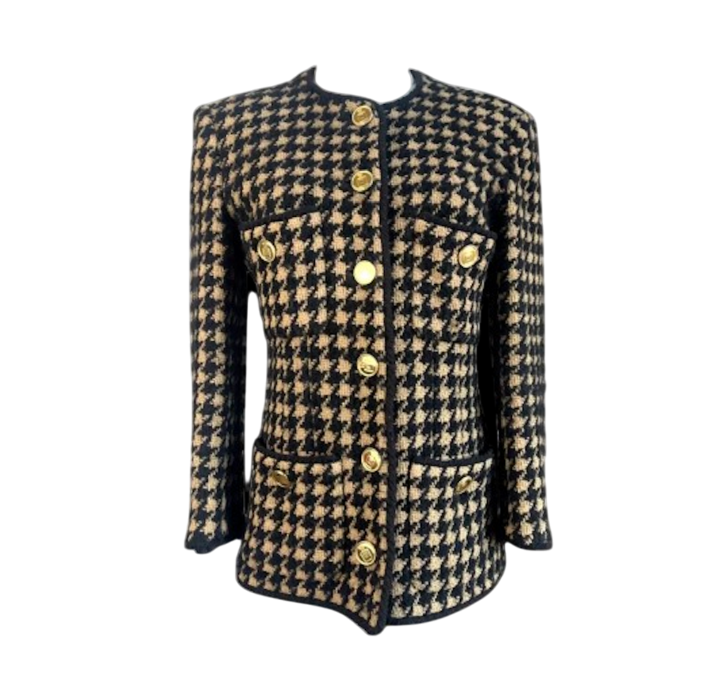 Chanel Camel/ Black Houndstooth Tweed Wool Jacket with: Perfume Bottle gold buttons UK S