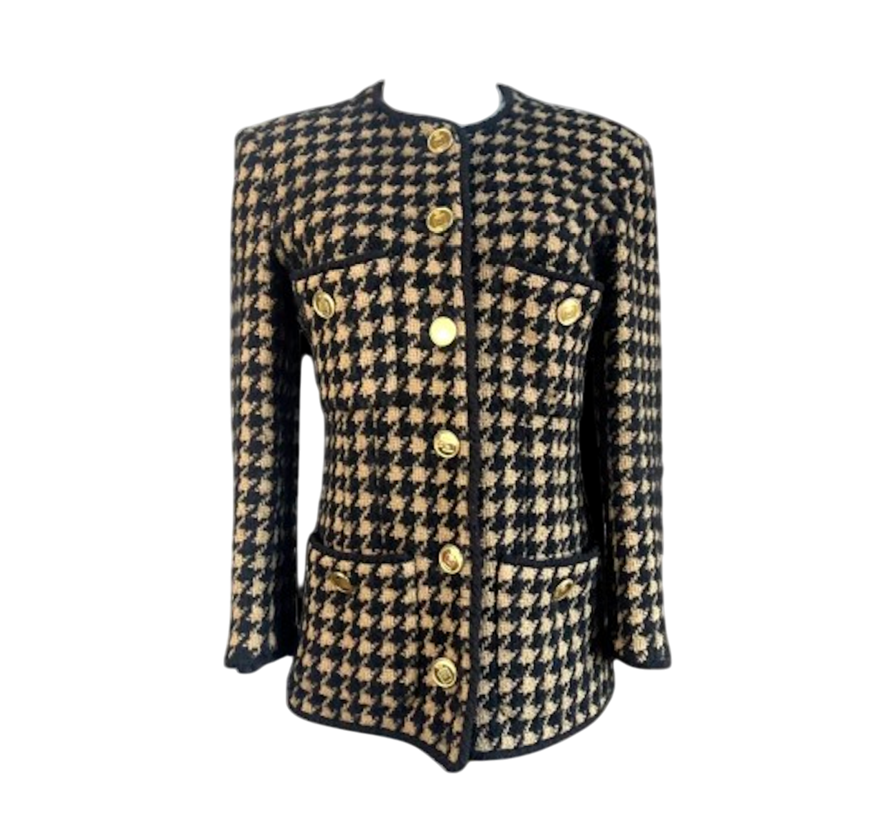 Chanel Camel/ Black Houndstooth Tweed Wool Jacket with: Perfume Bottle gold buttons UK S