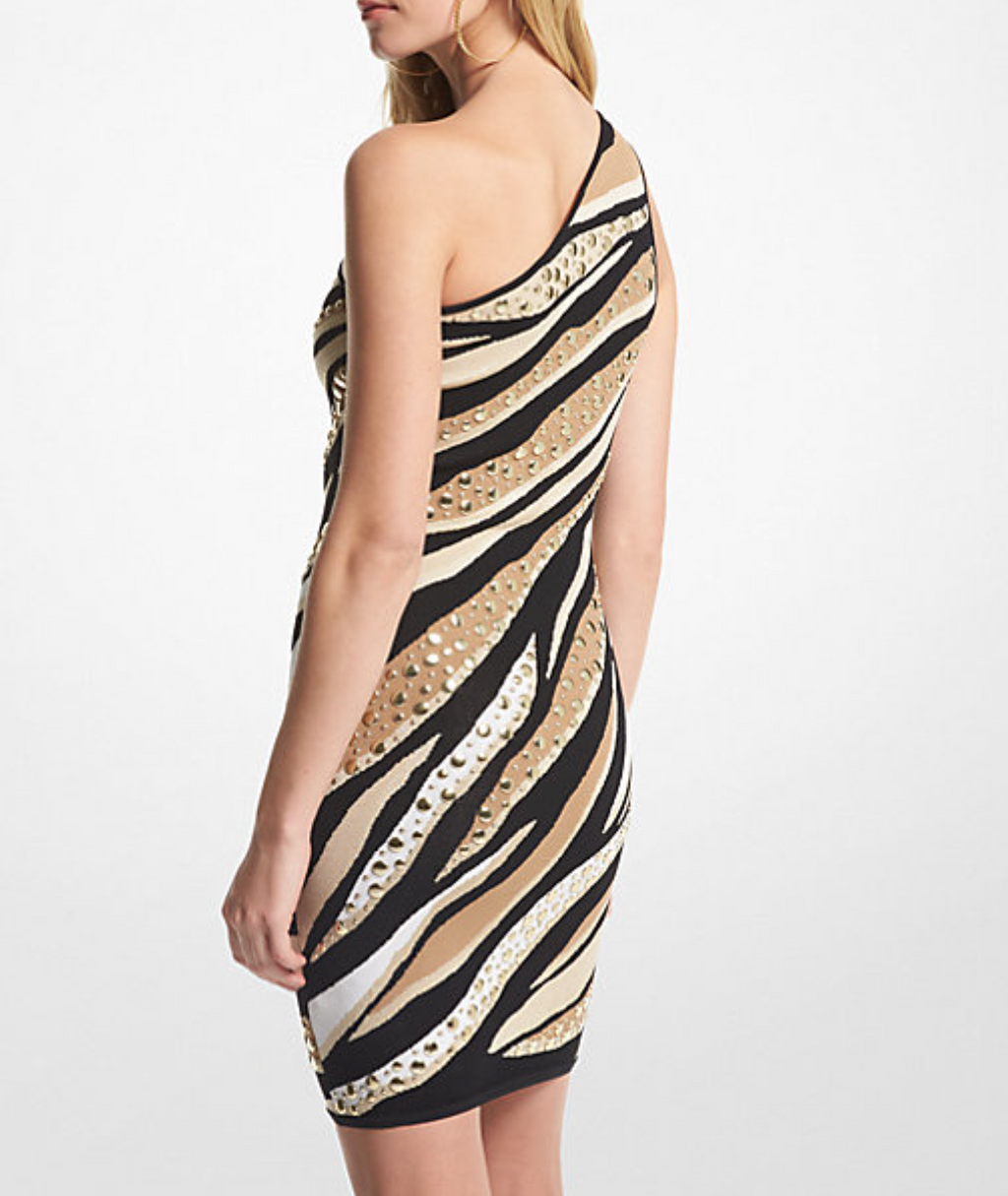 MICHAEL Michael Kors Camel / Black Studded Tiger Jacquard Mini Dress UK XS