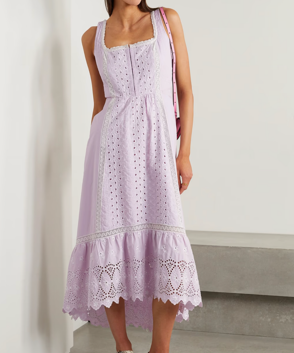 LoveShackFancy Lavender Alwyn crochet-trimmed broderie anglaise cotton-poplin midi dress UK XXS