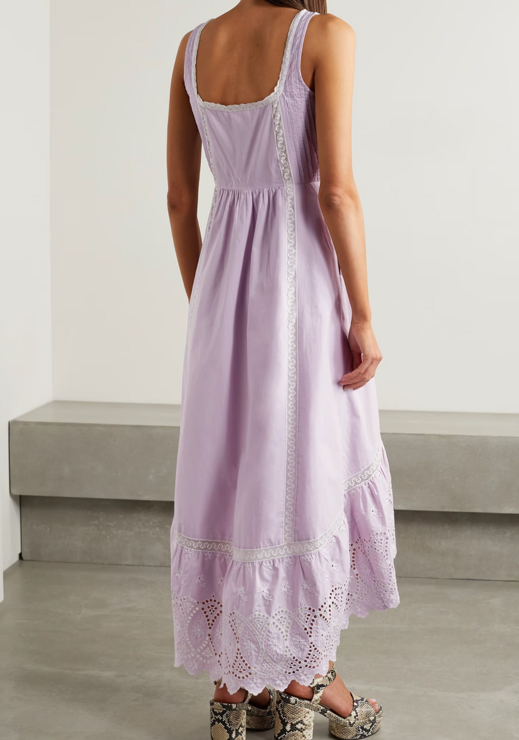 LoveShackFancy Lavender Alwyn crochet-trimmed broderie anglaise cotton-poplin midi dress UK XXS