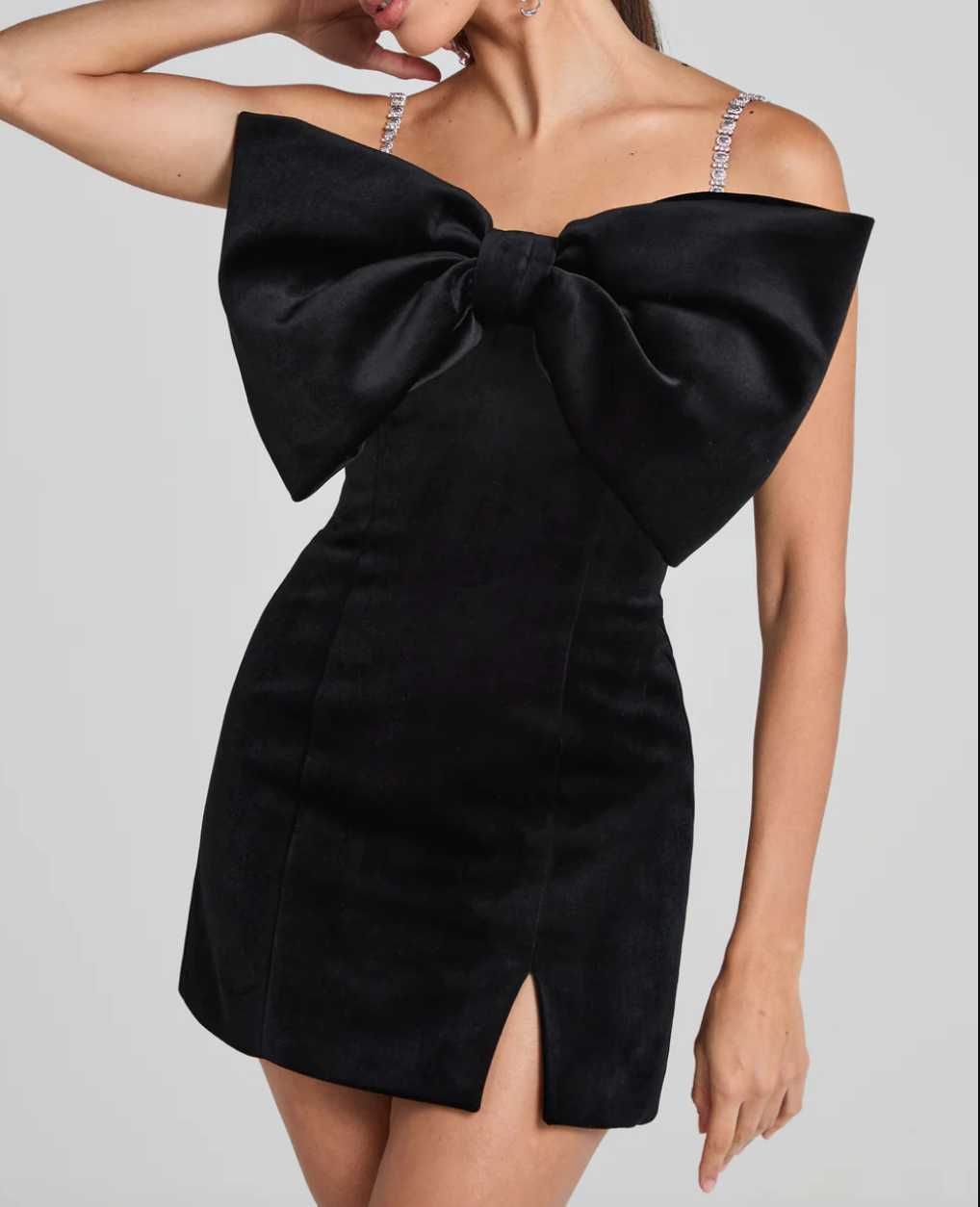 Nadine Merabi Elodie Black velvet oversize bow mini Dress UK S