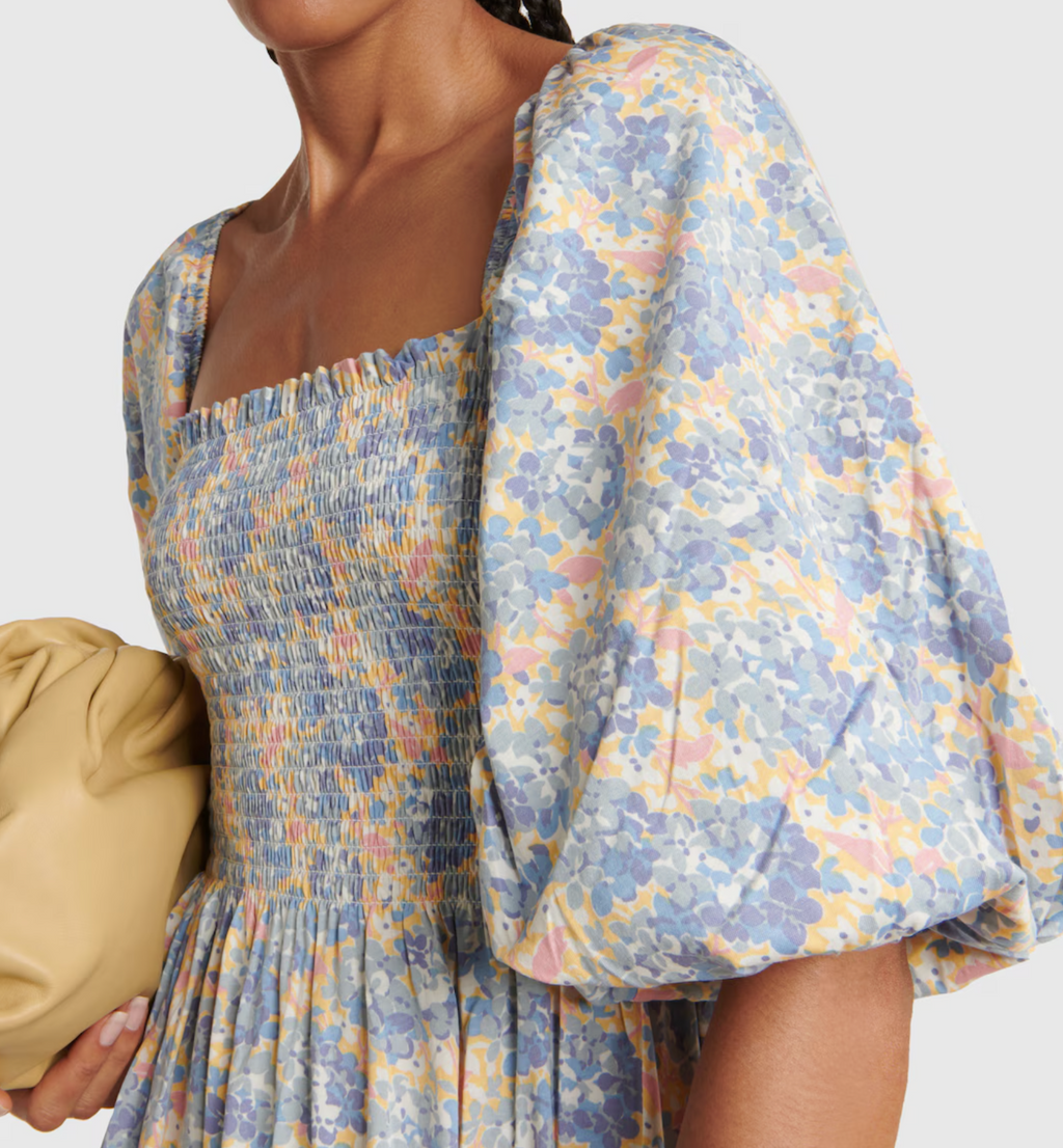 Polo Ralph Blue Lauren Floral Shirred Cotton-blend Midi Dress UK M