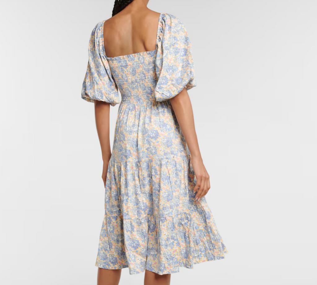 Polo Ralph Blue Lauren Floral Shirred Cotton-blend Midi Dress UK M