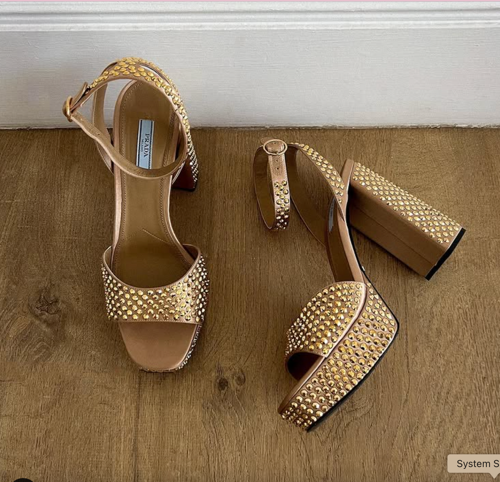 PRADA Bronze Gold 125mm Crystal-embellished Sandals UK 7 EU 40 👠