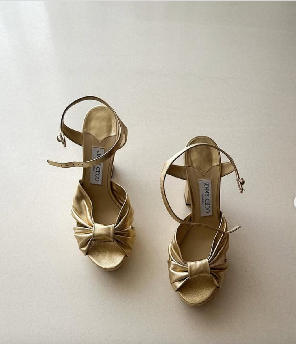 JIMMY CHOO Heloise 120 Gold Metallic Nappa Leather Platform Sandals UK 7 EU 40 👠