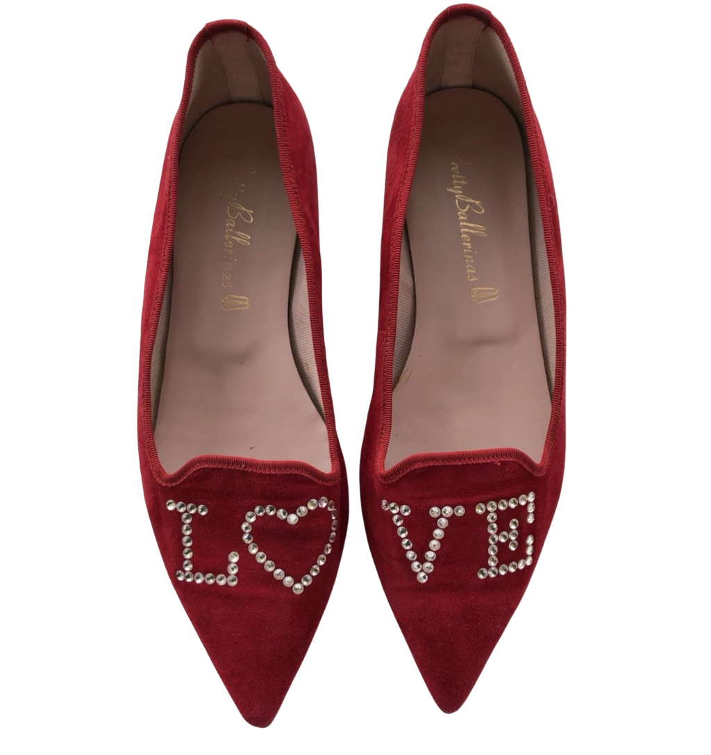 Pretty Ballerinas Red Ella Pointed "LOVE" Flat Shoes UK 5 EU 38 👠