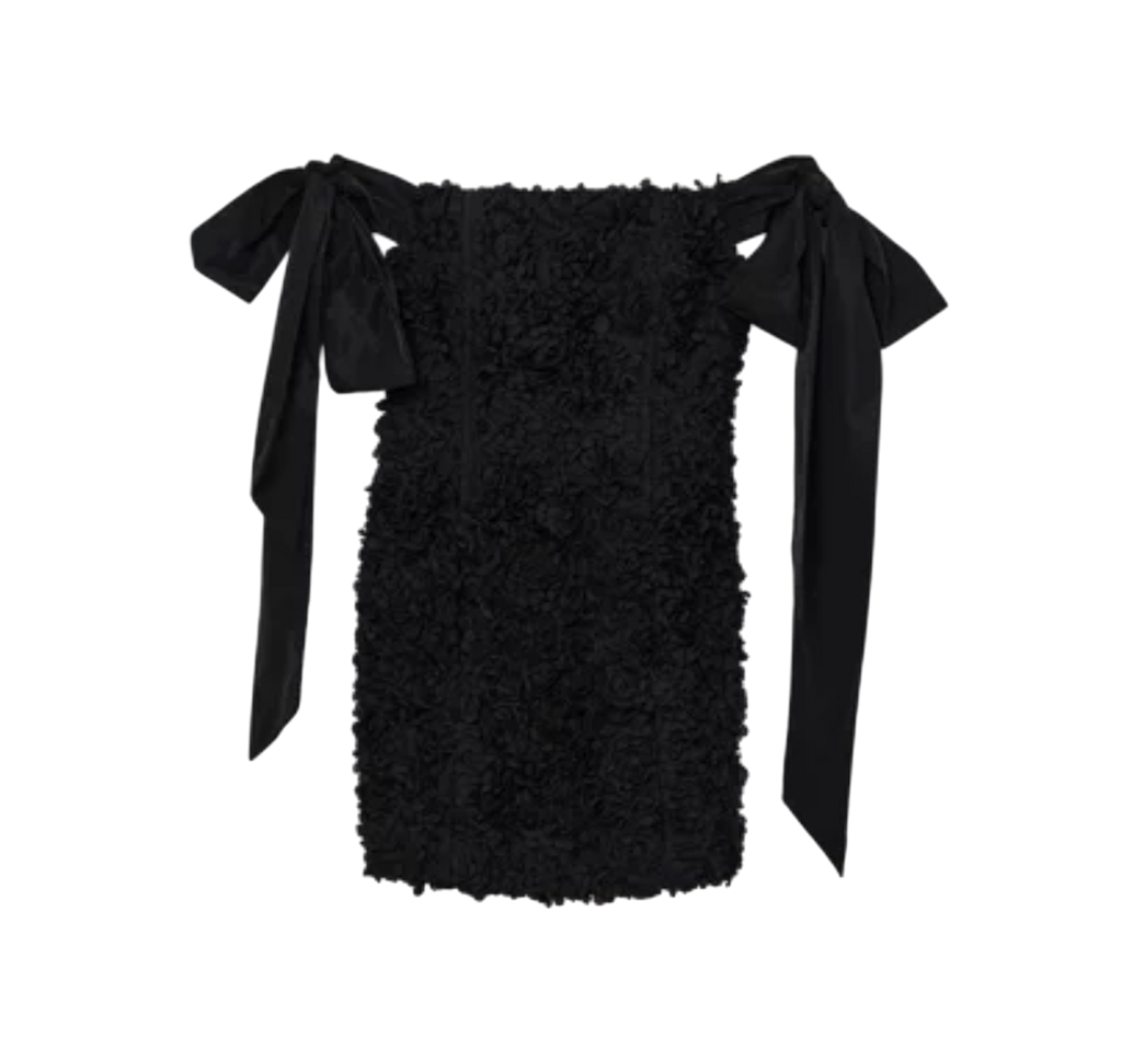 Karen Millen Black Textured Rosette Bow Sleeve Mini Dress UK 8