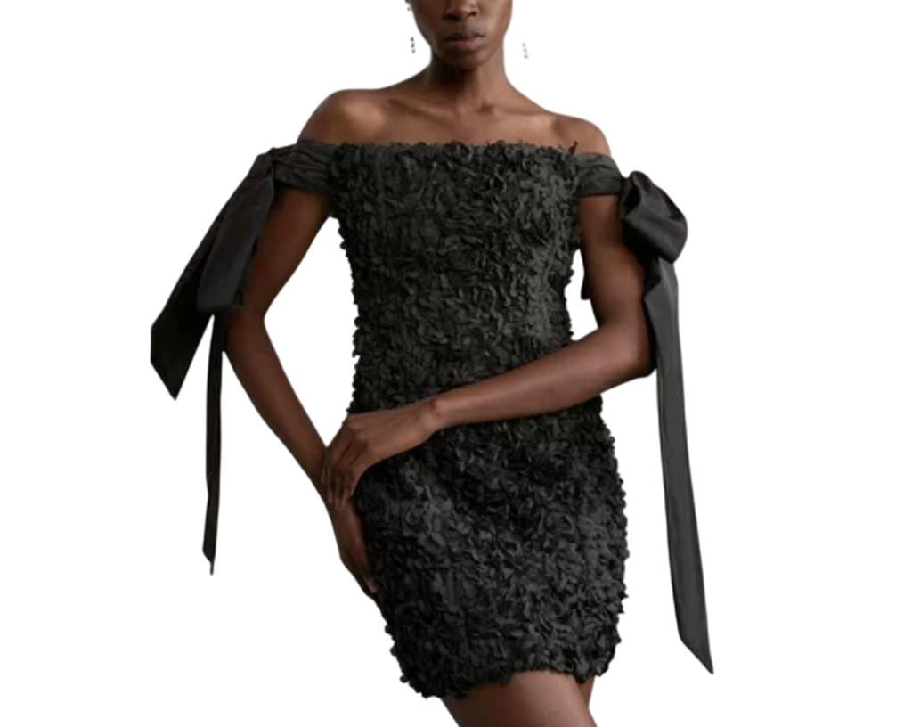 Karen Millen Black Textured Rosette Bow Sleeve Mini Dress UK 8