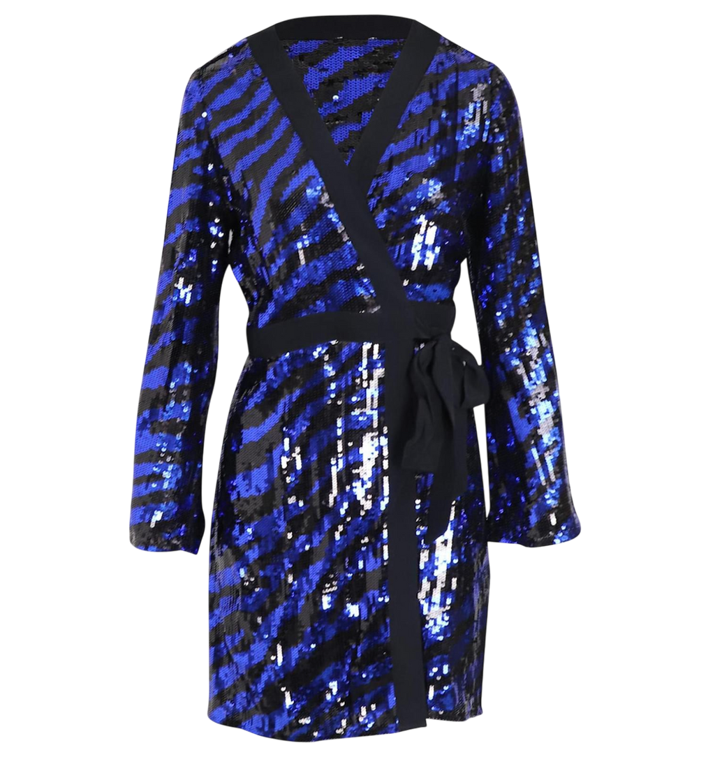 Rixo Blue Sequin Maria Tiger Mini Wrap Dress UK S