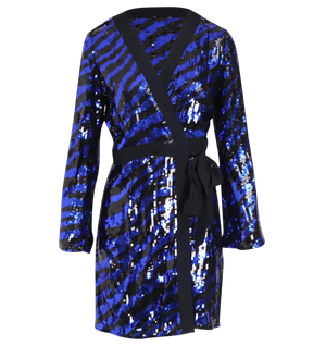 Rixo Blue Sequin Maria Tiger Mini Wrap Dress UK S