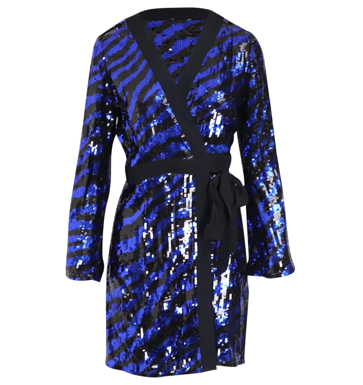 Rixo Blue Sequin Maria Tiger Mini Wrap Dress UK S