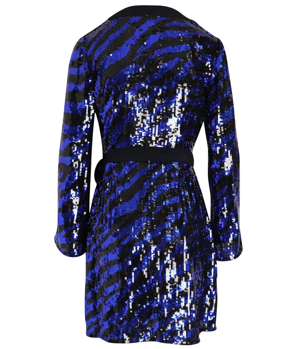 Rixo Blue Sequin Maria Tiger Mini Wrap Dress UK S