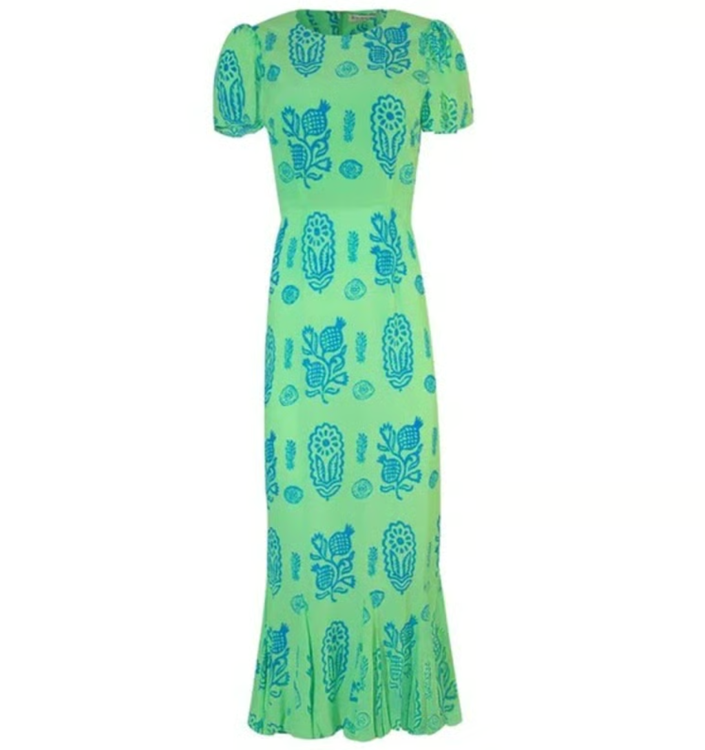 Rhode Green Lulani Pineapple Block Crepe De Chine Short Sleeve Midi Dress UK 10