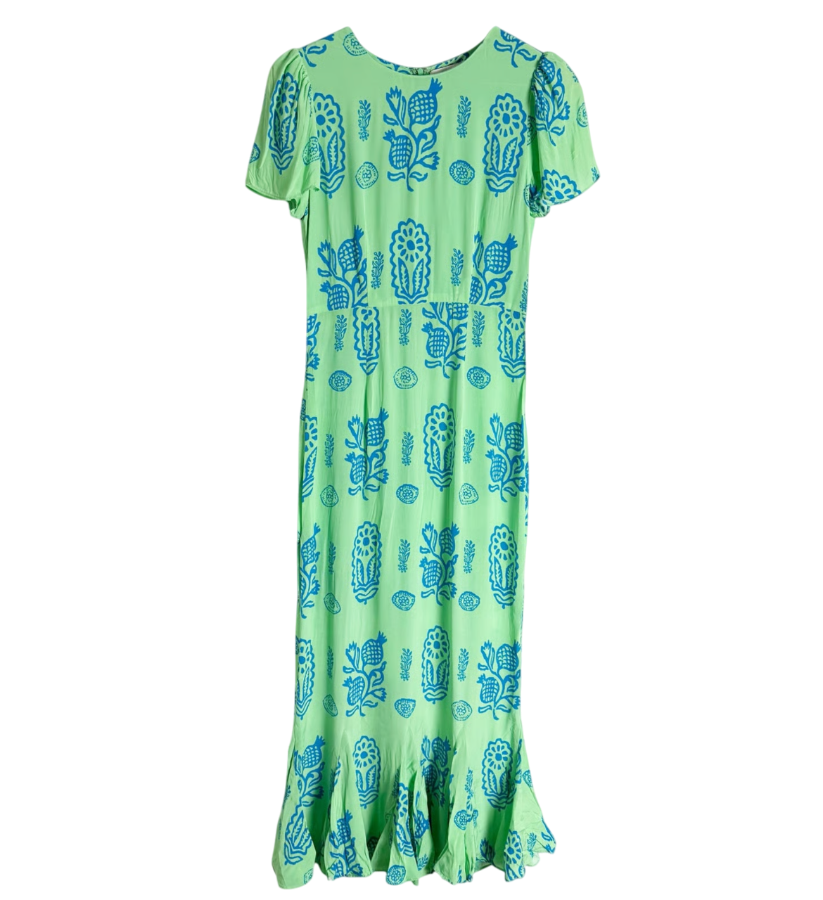 Rhode Green Lulani Pineapple Block Crepe De Chine Short Sleeve Midi Dress UK 10