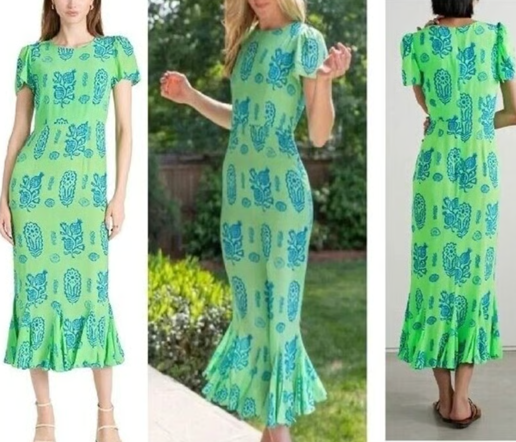 Rhode Green Lulani Pineapple Block Crepe De Chine Short Sleeve Midi Dress UK 10