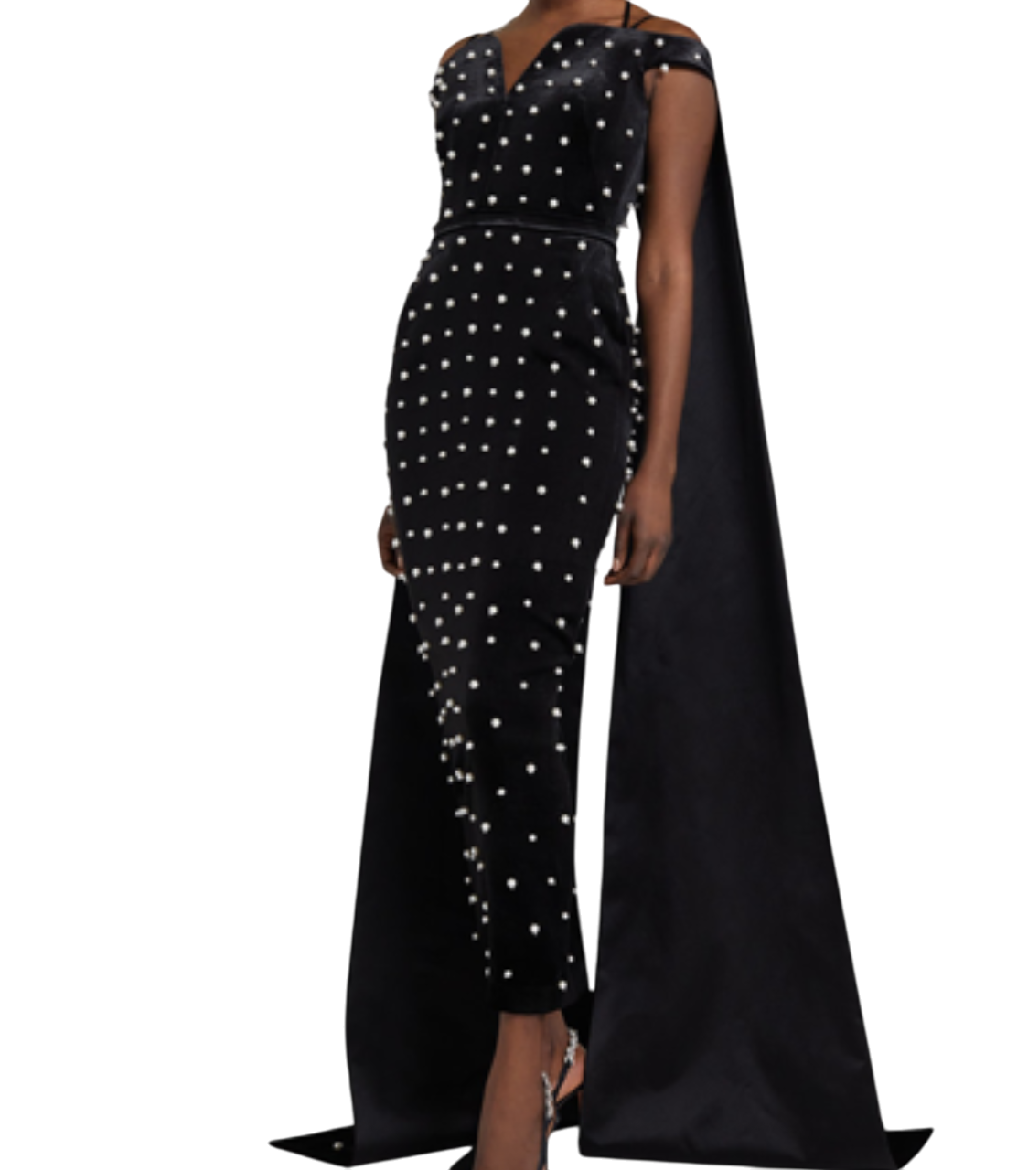 Safiyaa Black Pearlescent Beaded Off-the-shoulder Cape Gown UK S