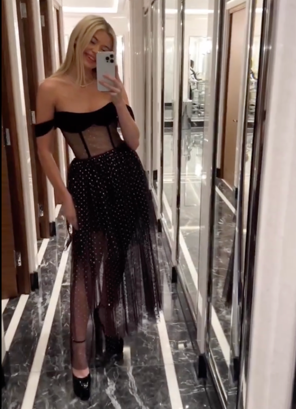 Rasario Black Mesh Tiered Glitter Dot Midi Dress Fr36 UK 8