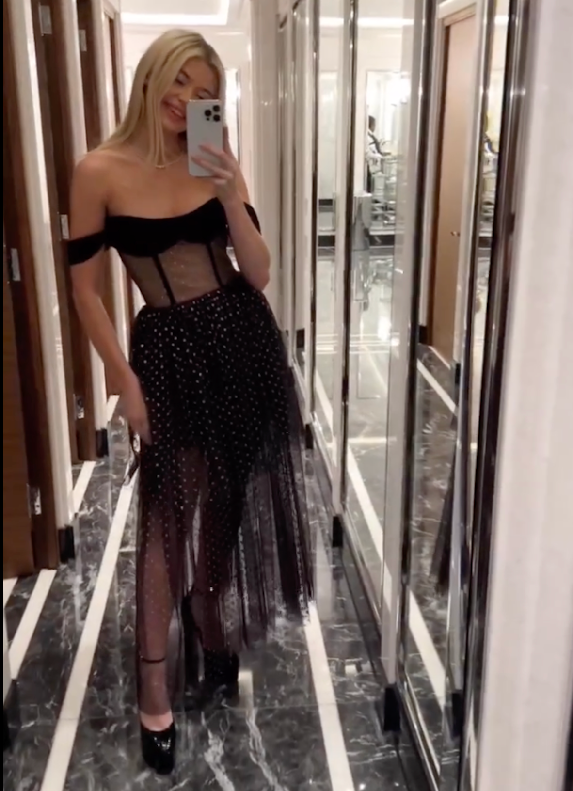 Rasario Black Mesh Tiered Glitter Dot Midi Dress Fr36 UK 8