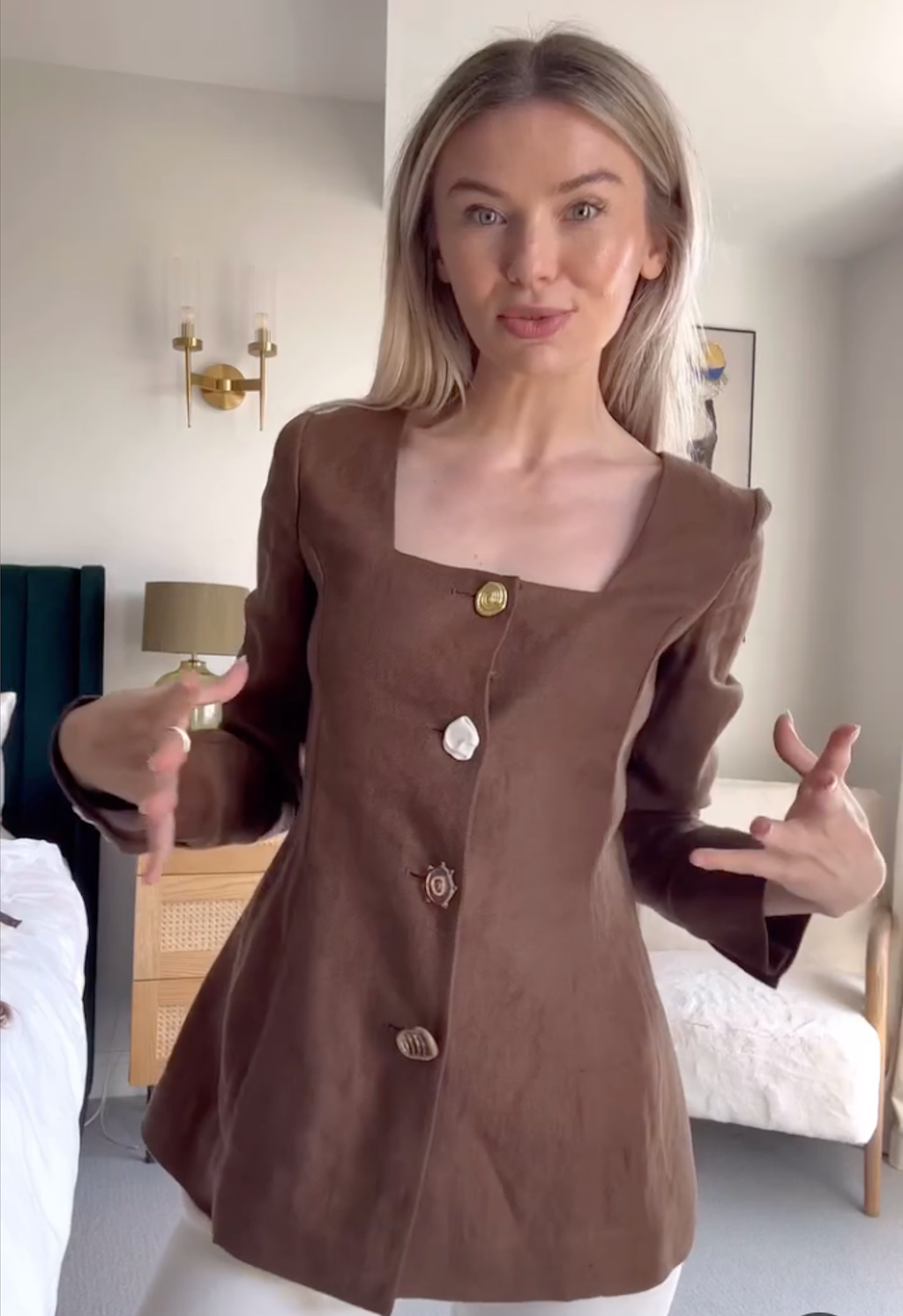 Rejina Pyo Brown 100% Linen Martina Button Detail Jacket UK 6