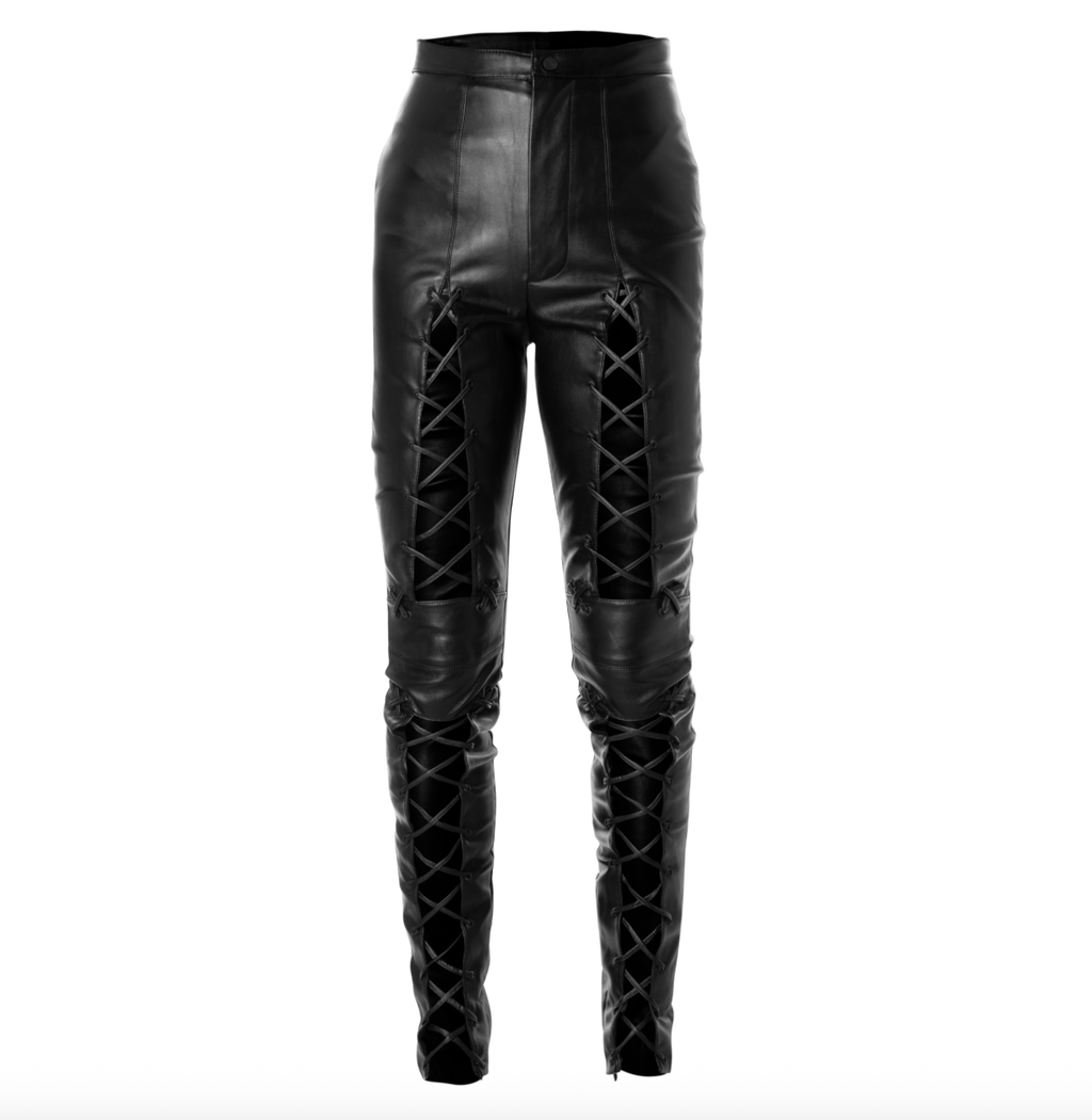 House of CB Black Slim Side Cross Leather Trousers UK XS