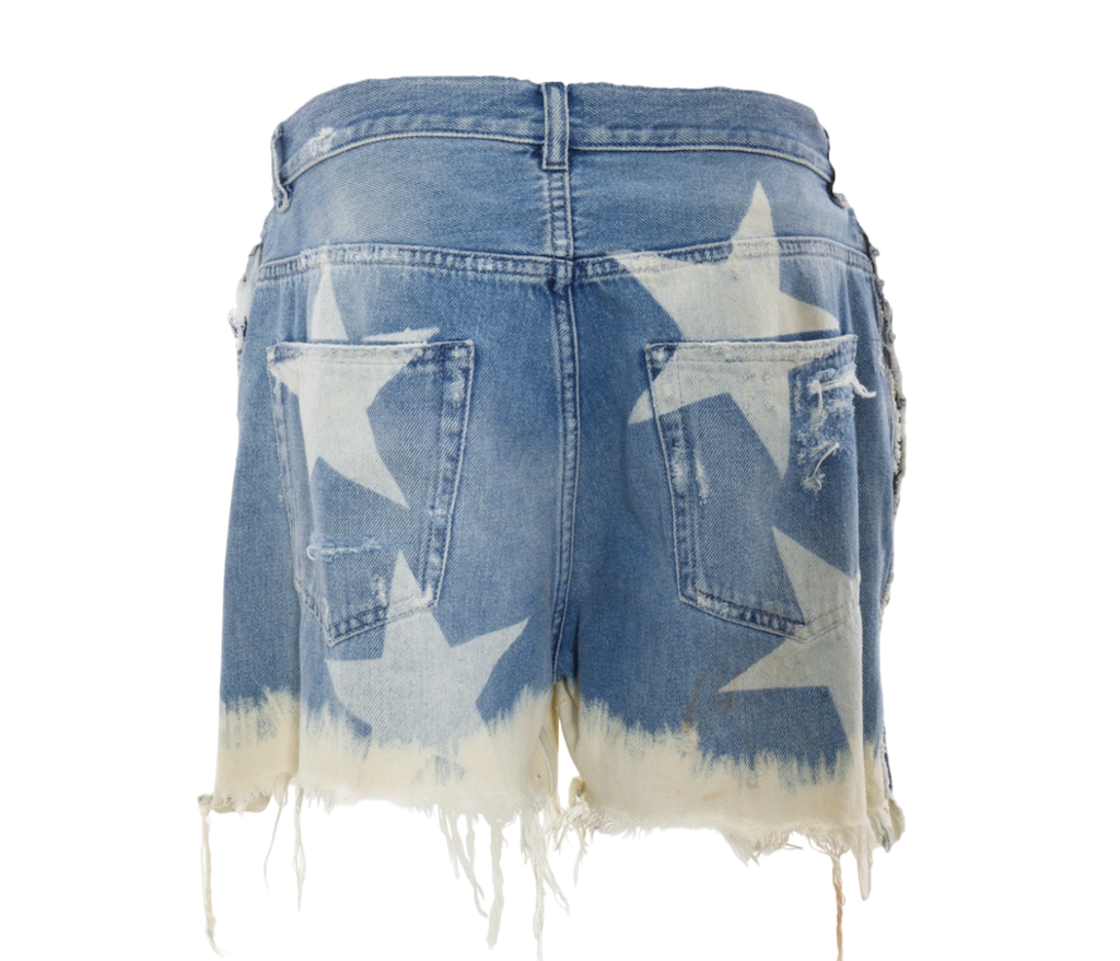 faith connexion Blue Denim Bleach Star Mini Shorts UK L