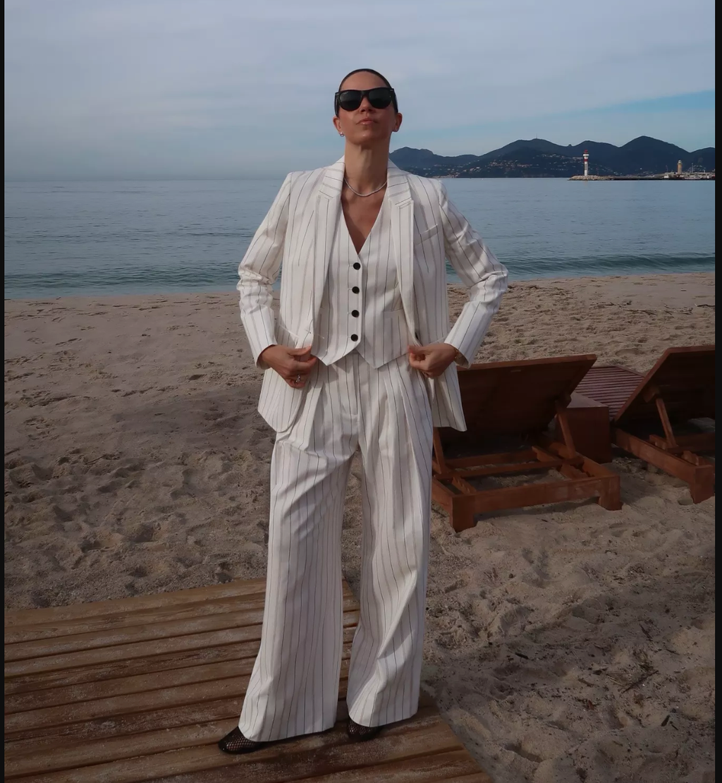 ME + EM White Multi Stripe Pleat Front Multi Stripe Wide Leg Trouser UK 8