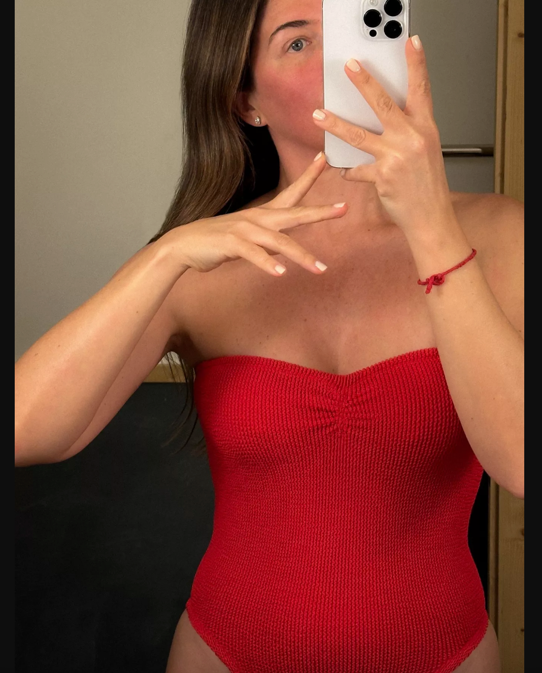 Hunza G Red Brooke Seersucker Bandeau Swimsuit UK Onesize