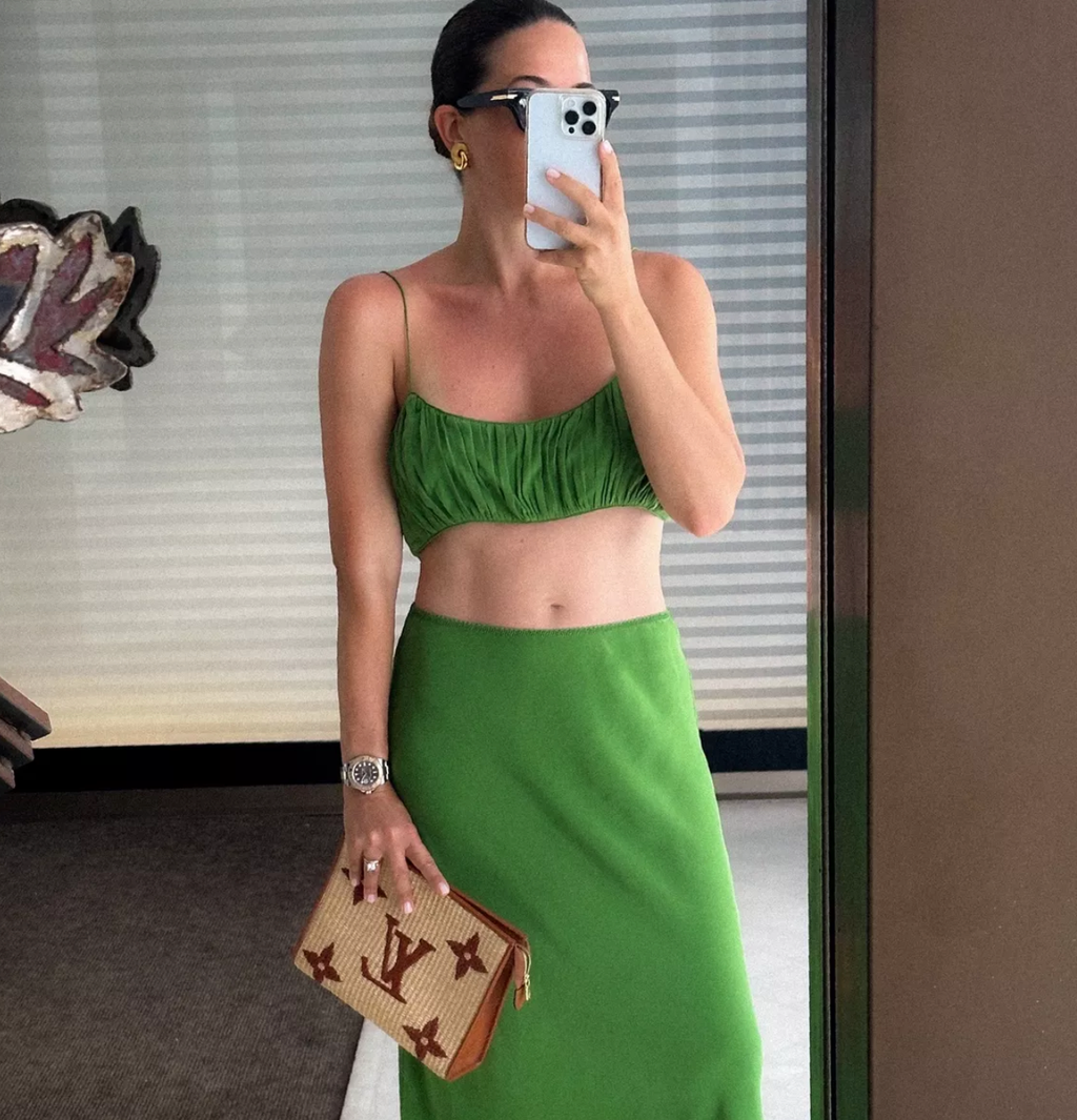 DÔEN Green Elowen Silk Skirt & Amora Crop Top Co-ord Set UK 14