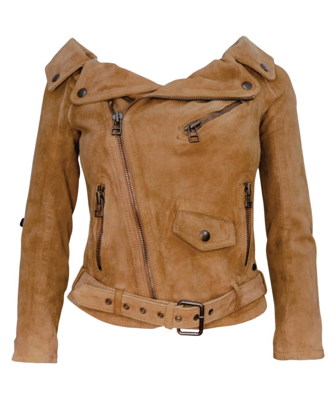 Faith Connexion Brown Suede Wide Neck Biker Jacket UK 8