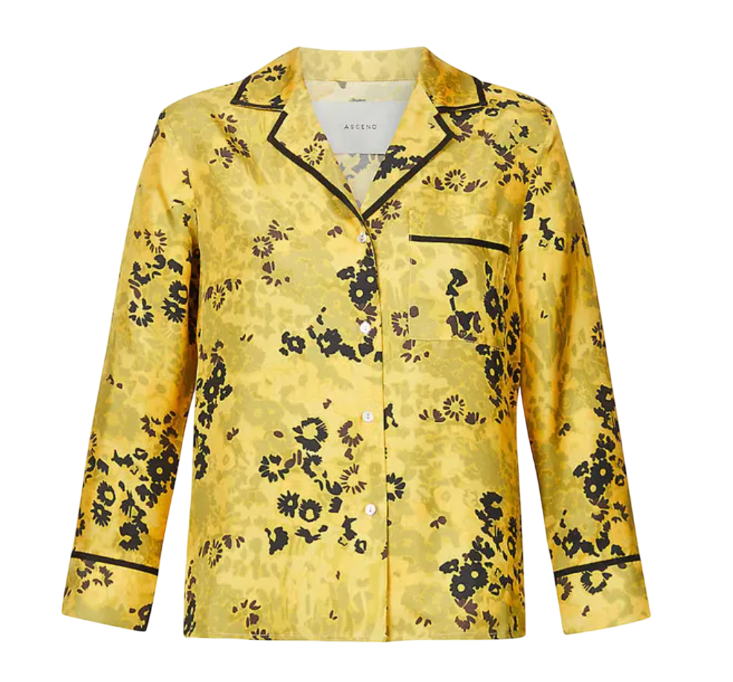 Asceno Yellow 100% Silk Floral Print Top And Trouser Set UK S
