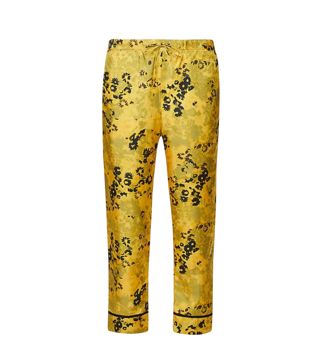 Asceno Yellow 100% Silk Floral Print Top And Trouser Set UK S