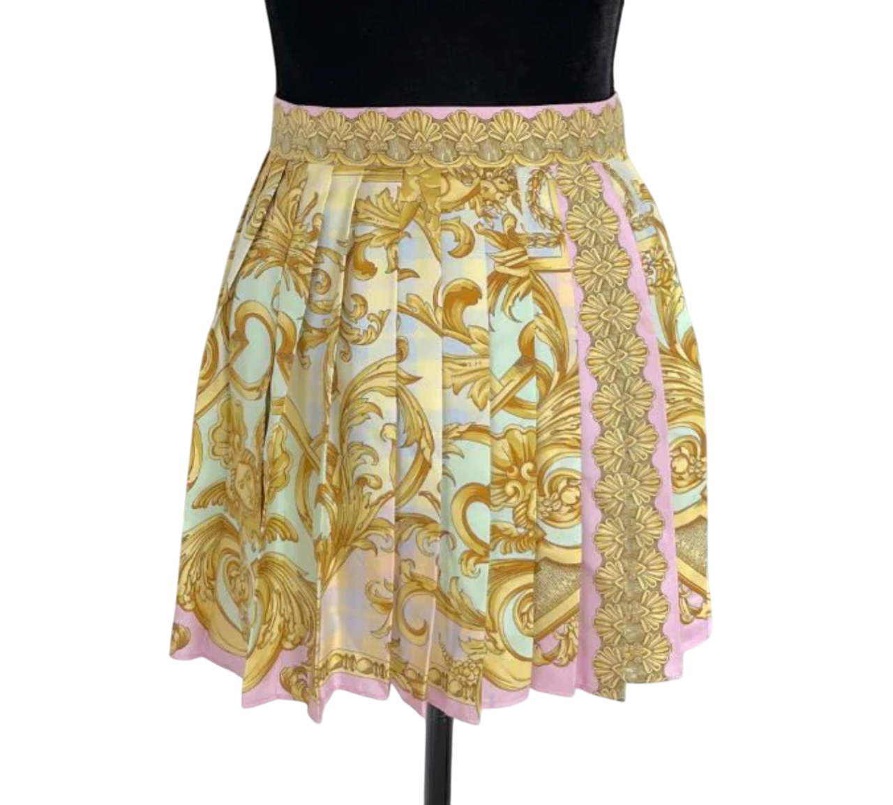 VERSACE Yellow Pleated BAROCCO GODDESS  SILK Print Mini Skirt UK XS