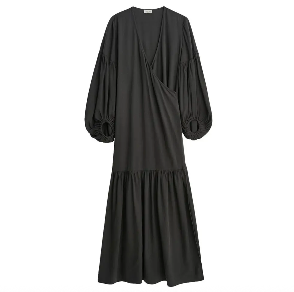 BY MALENE BIRGER Black Viscose / Lyocell Frilla Textured Maxi Wrap Dress Fr36 UK 8