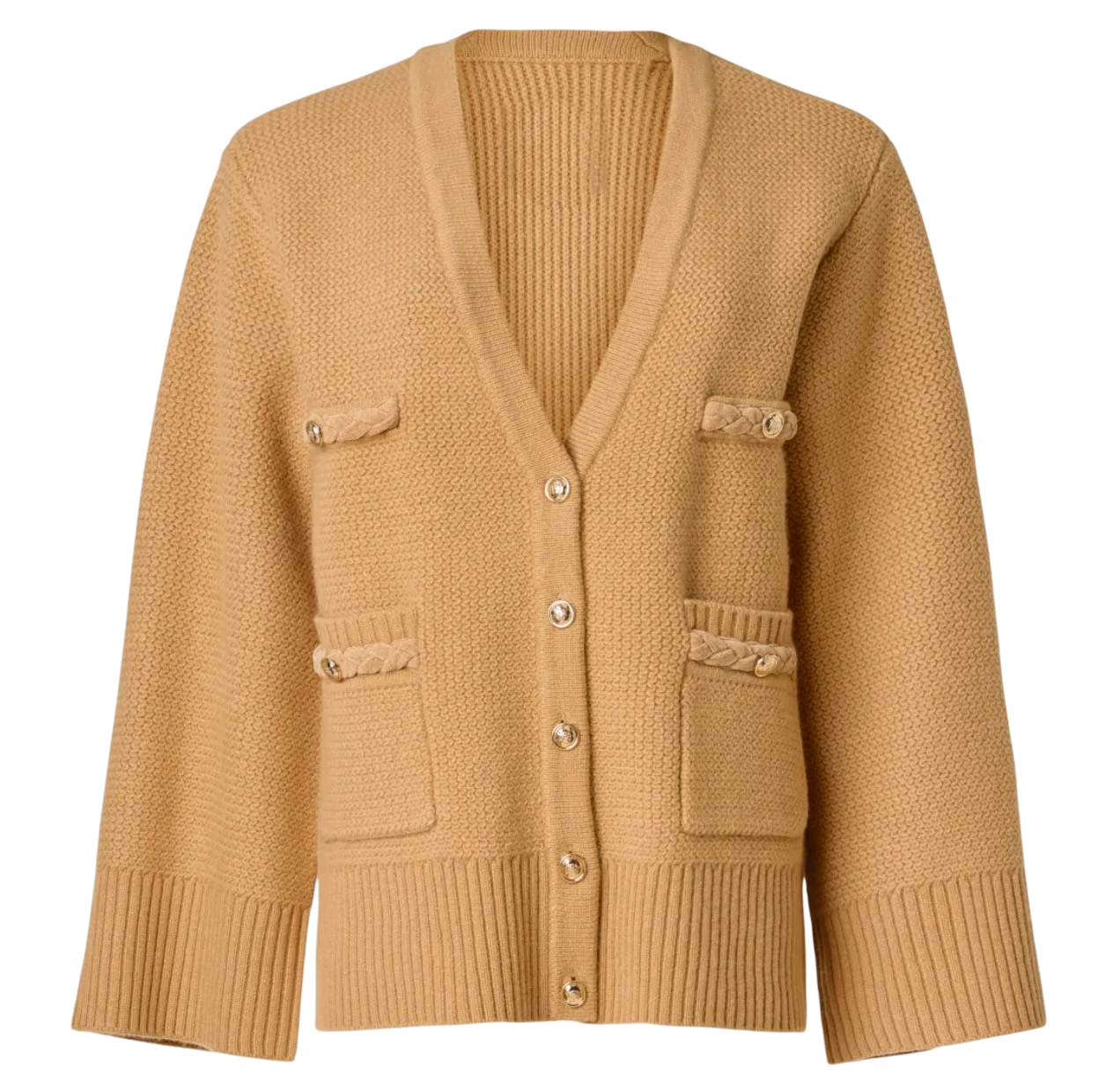 SANDRO PARIS Camel Oversized Wool Cardigan with gold buttons & braid detailing Sz1 UK 8