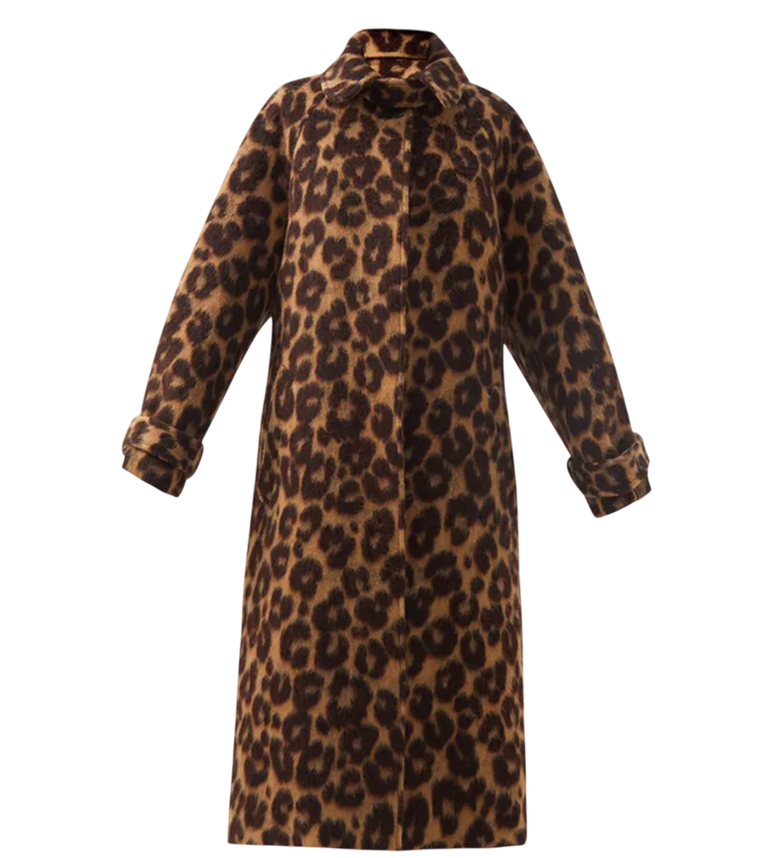 RAEY Brown Leopard-print Belted Raglan-sleeve Wool-alpaca Blend Coat UK S/M