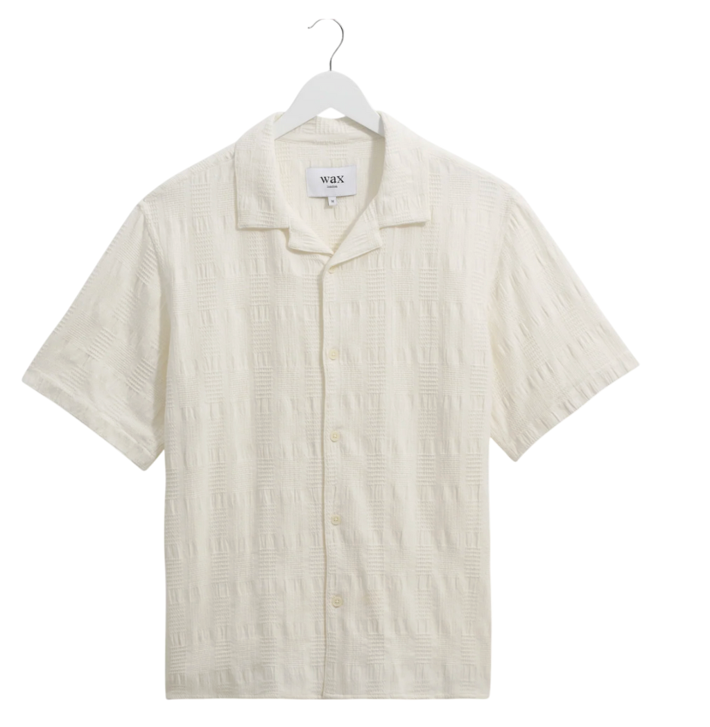 WAX LONDON Cream Didcot - Ecru Waffle Seersucker Cotton Short-sleeve Shirt UK S