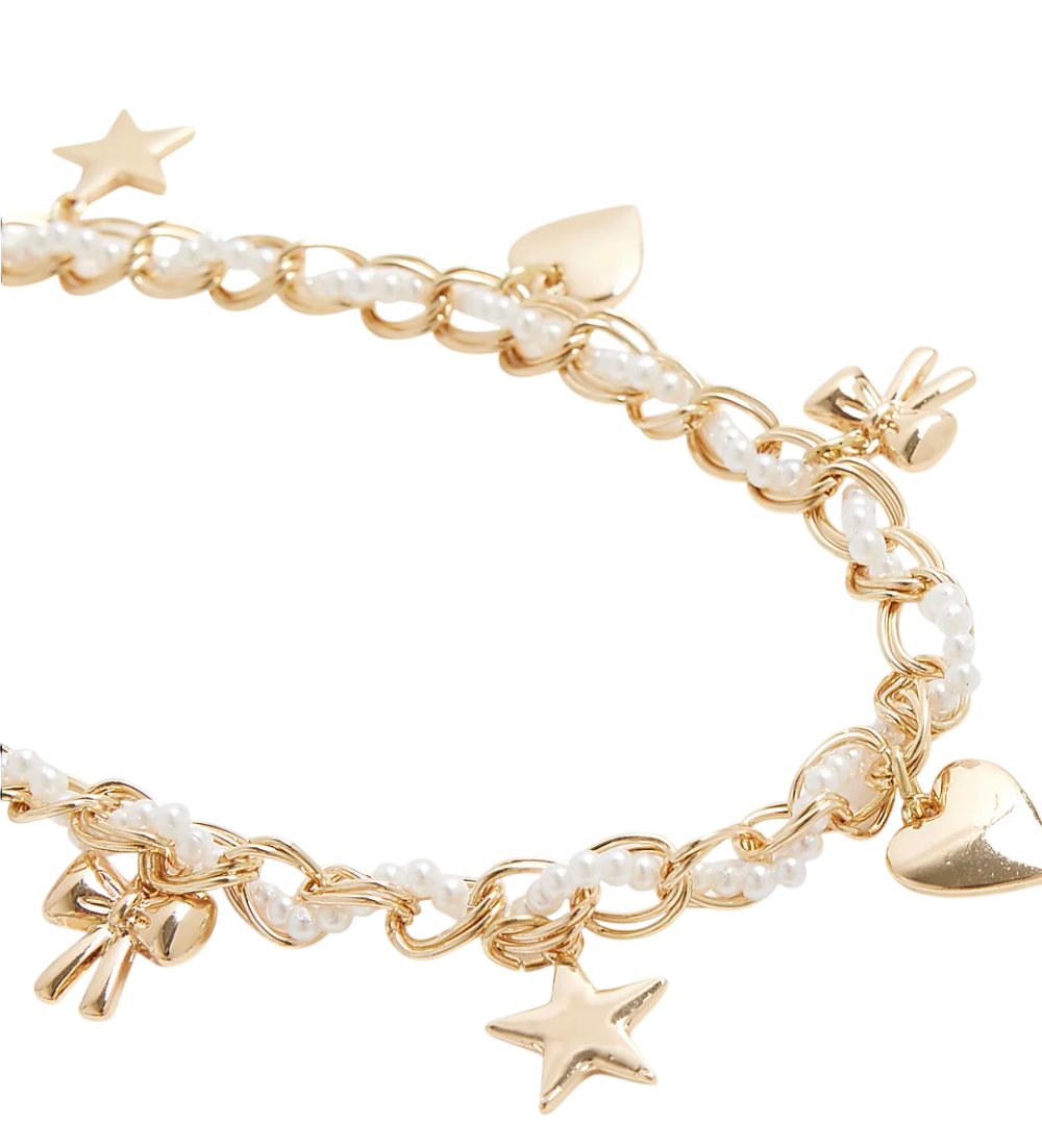 River Island Yellow Gold Pearl Chain Phone Charm One Size