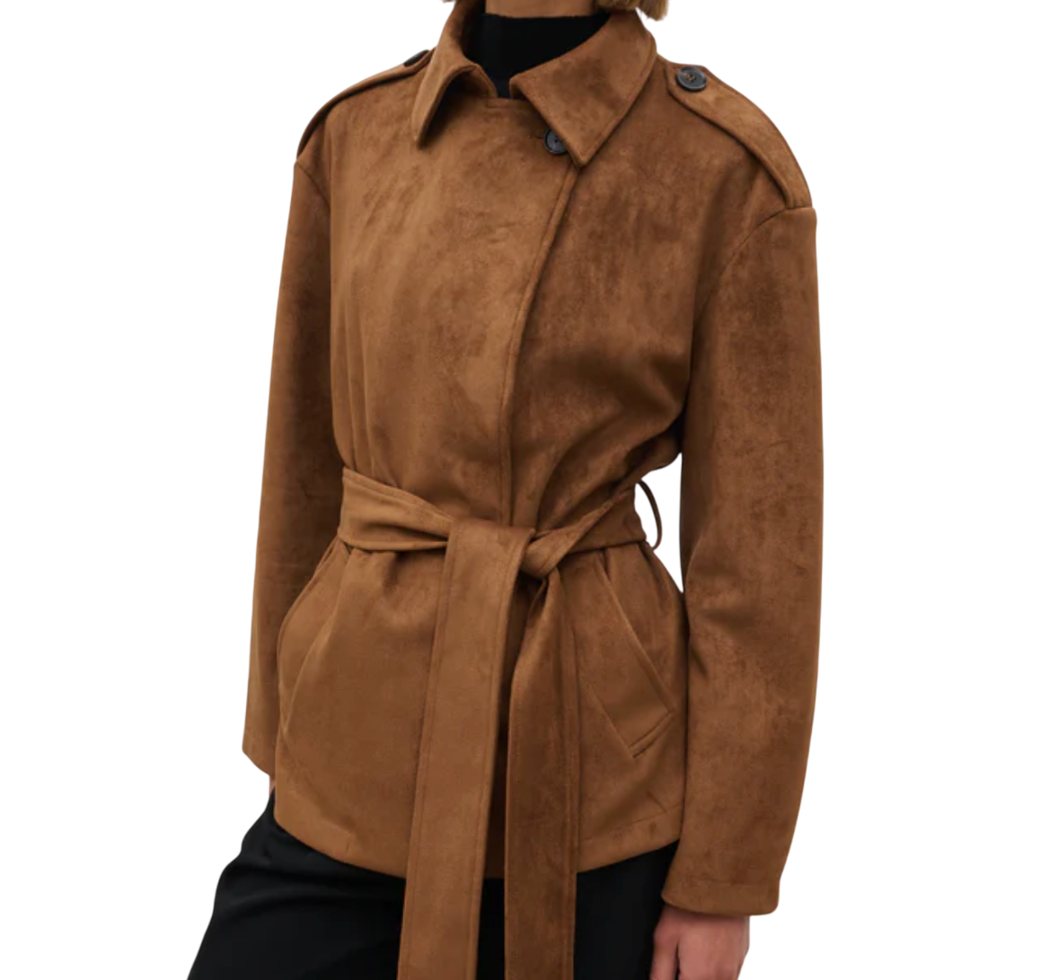 PRETTY LAVISH Lennon Cropped Faux Suede Tie Waist Jacket - Brown UK M