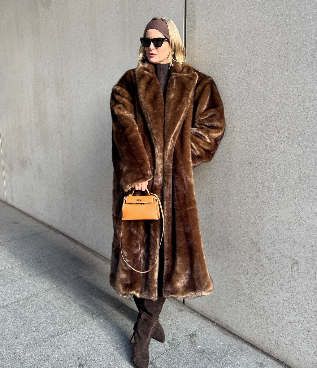 SOURCE UNKNOWN Wallis Oversized Grandpa Fur Coat, Espresso Brown UK M