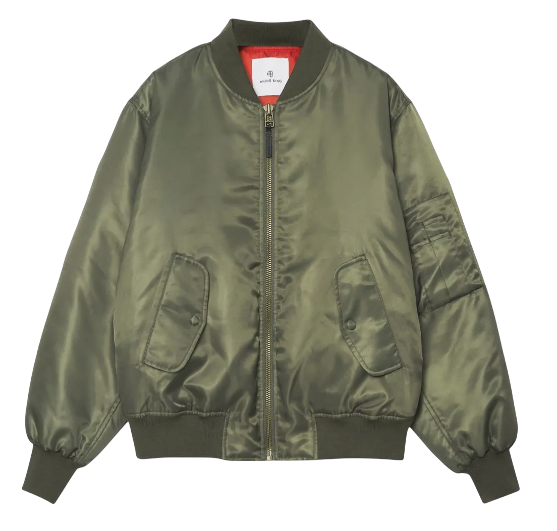 Anine Bing Green Leon Satin Bomber Jacket UK L