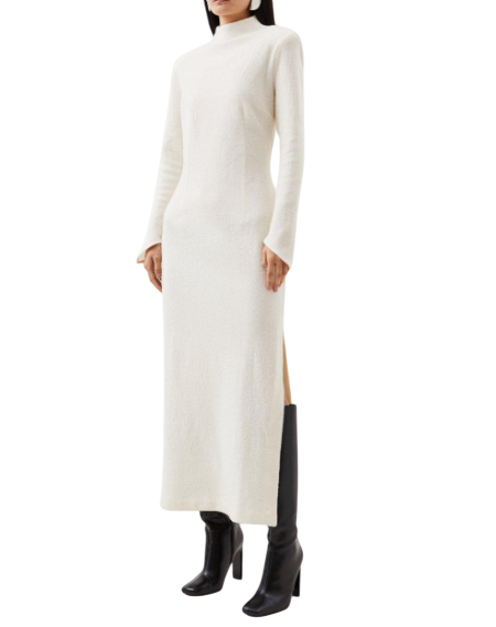 Karen Millen Cream Merino Wool boucle Funnel Neck  Midi Dress UK XS