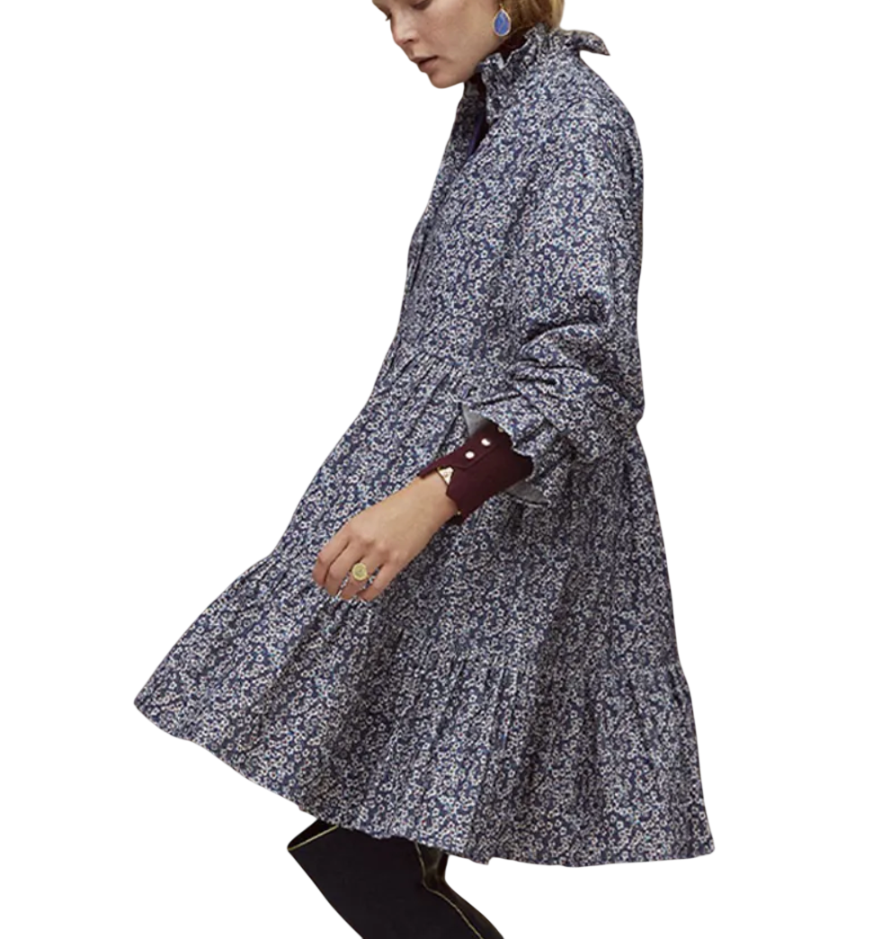 Seraphina Blue Floral Cord Tiered High Neck Mini Dress UK S