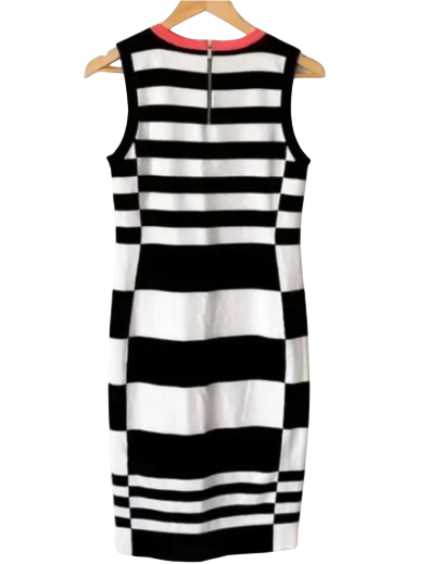 Karen Millen Black And White Geometric Dress With Pink Neckline UK 10