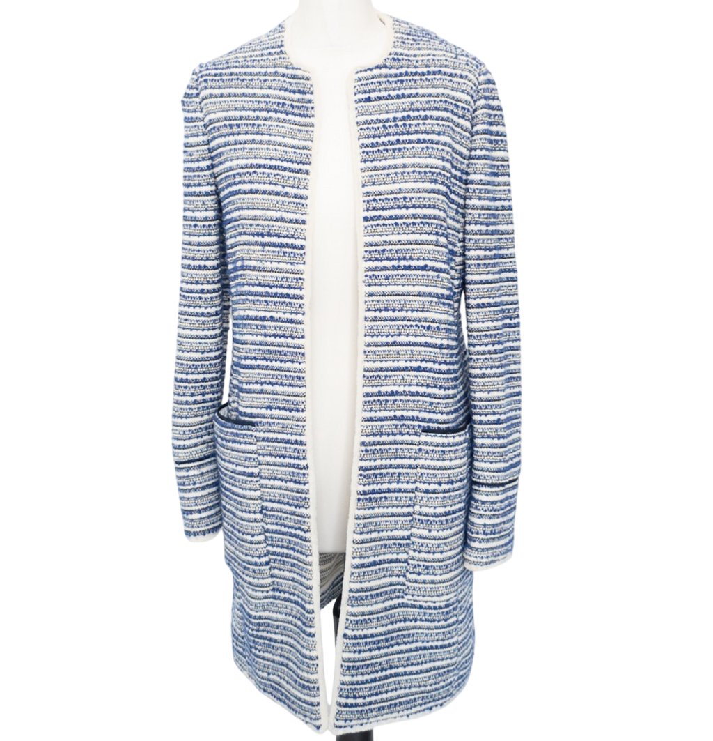 Jaeger Blue Fringed Tweed Jacquard Coatigan UK 10