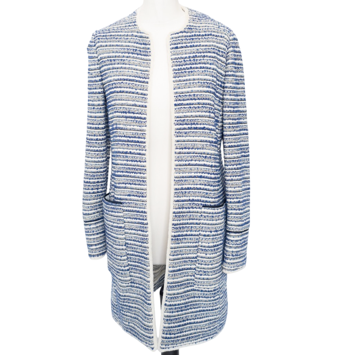 Jaeger Blue Fringed Tweed Jacquard Coatigan UK 10