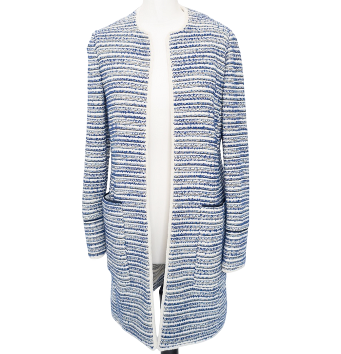 Jaeger Blue Fringed Tweed Jacquard Coatigan UK 10