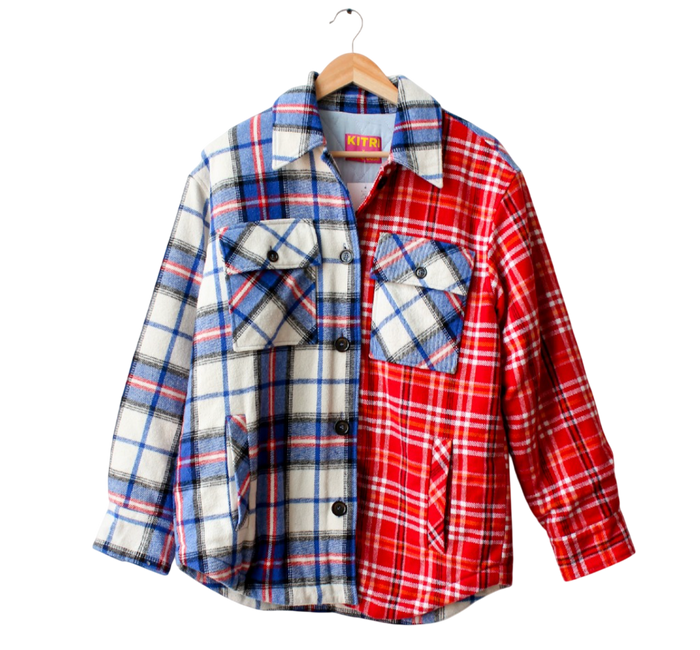 Kitri X JESSIE BUSH Red/Blue Miranda Mixed Check Plaid Jacket ShacketUK M